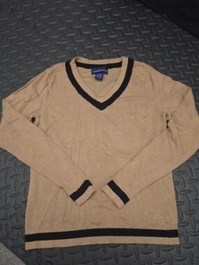 Charter Club Men's Tan V-Neck Sweater with Black Trim